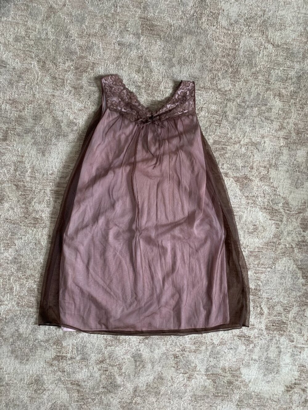 VTG Val Mode Mauve Sheer Double Layer Nightgown Lace Trim Negligee M